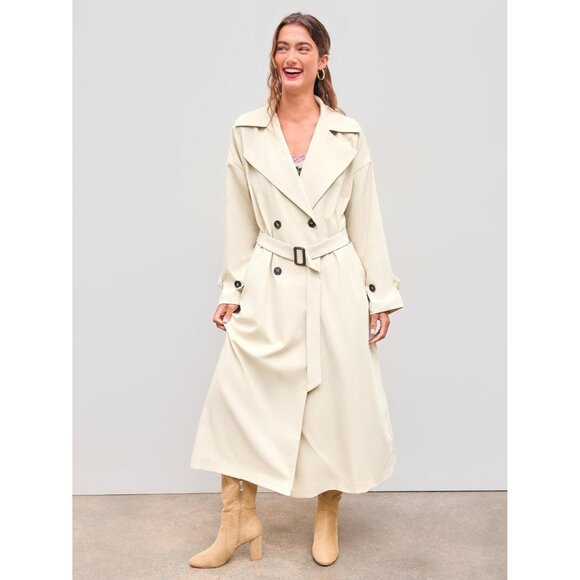 Women's Khaki  Oversized Solid Collar Long Trench Coat With Belt - Picture 3 of 8